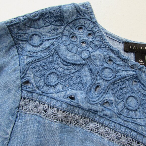 Talbots Embroidered Cut Out Chambray Blouse Tencel Denim Blue Size XL - Picture 9 of 16